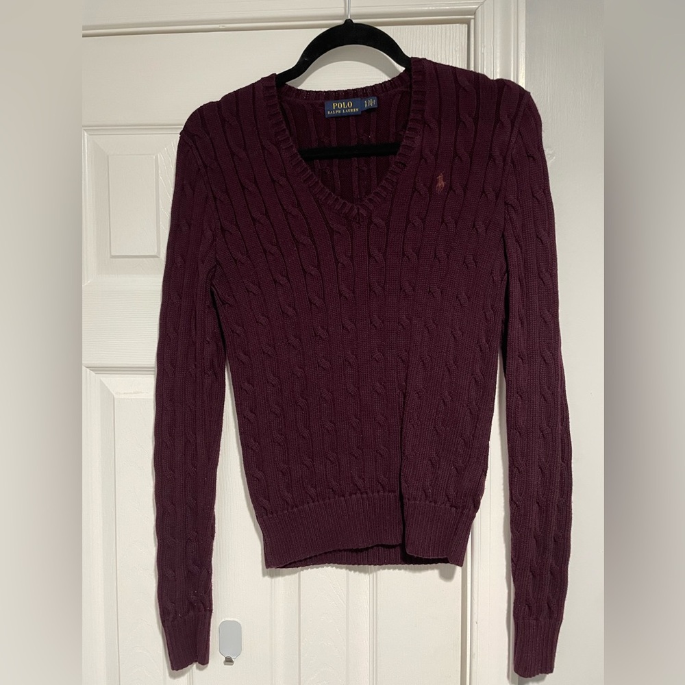 Ralph Lauren V-Neck Cable Knit Sweater - Plum